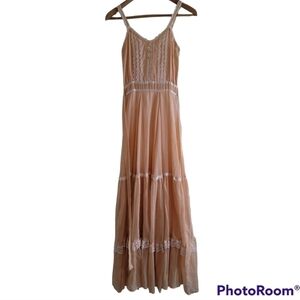 Vintage Gunne Sax Peach Sleevess Prairie Dress Maxi Tiered Skirt Lace Lined XXS